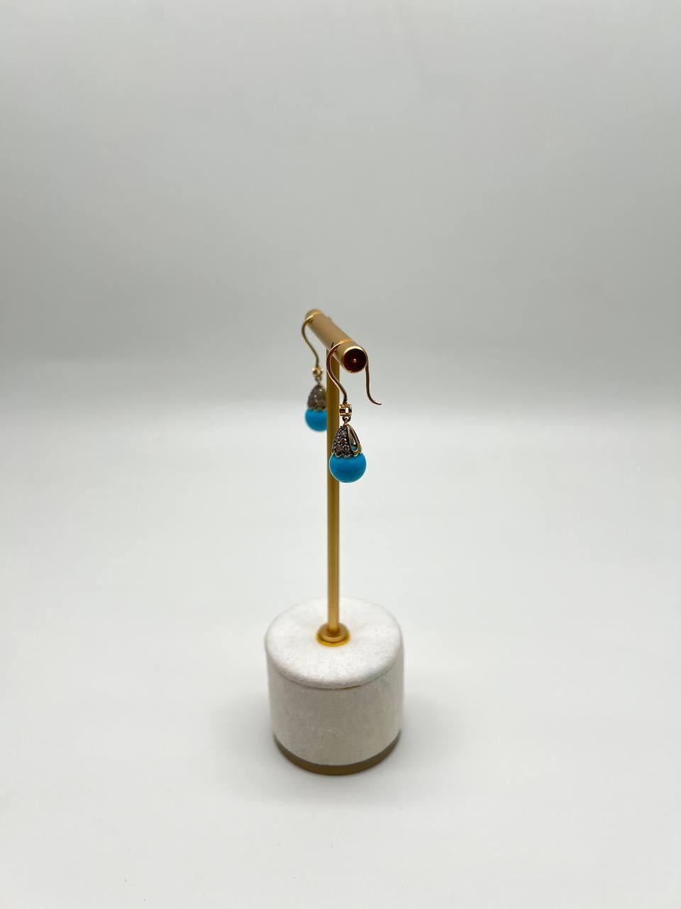 Turquoise Drop Champagne Diamonds Pave Drop 14K Yellow Gold Earrings For Sale 1