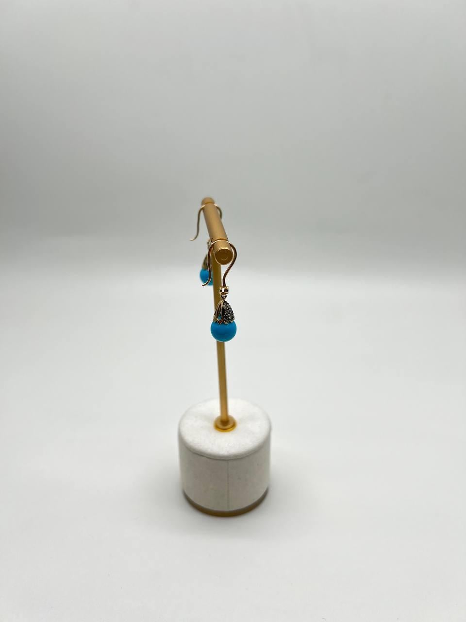 Turquoise Drop Champagne Diamonds Pave Drop 14K Yellow Gold Earrings For Sale 2