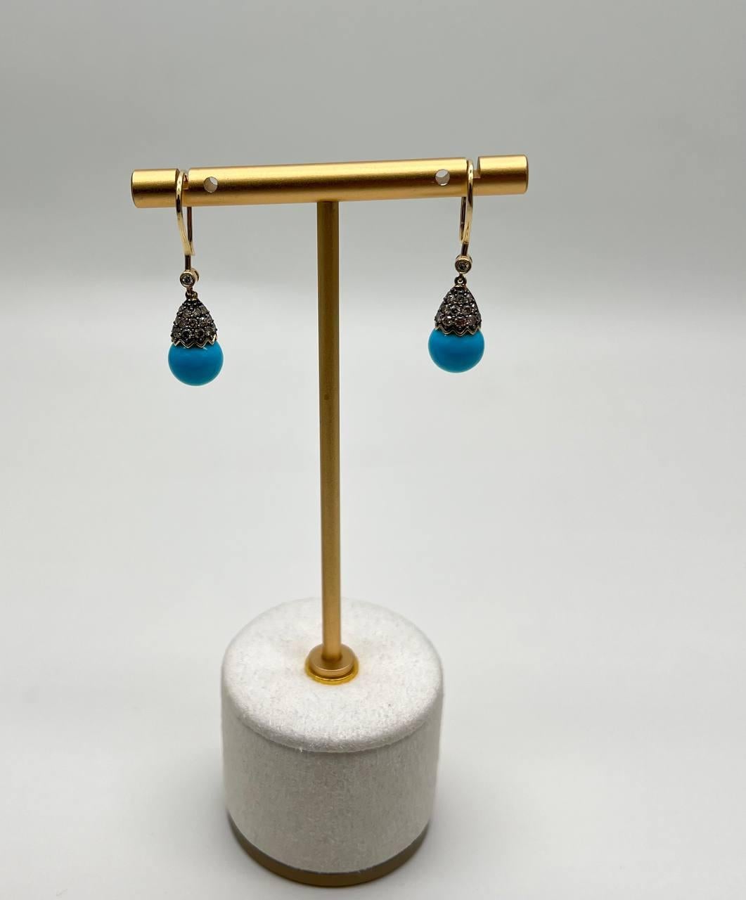 Turquoise Drop Champagne Diamonds Pave Drop 14K Yellow Gold Earrings For Sale 3