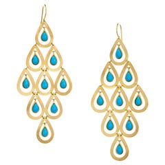 Turquoise Drop Earrings Estate 18k Yellow Gold Long Drops Large Chandelier