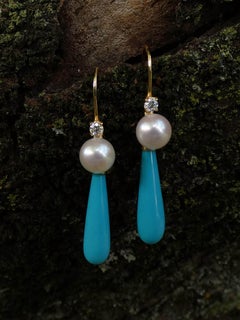 Turquoise Drop Earrings / Natural Pearl / Diamonds  18k Italy Yellow Gold