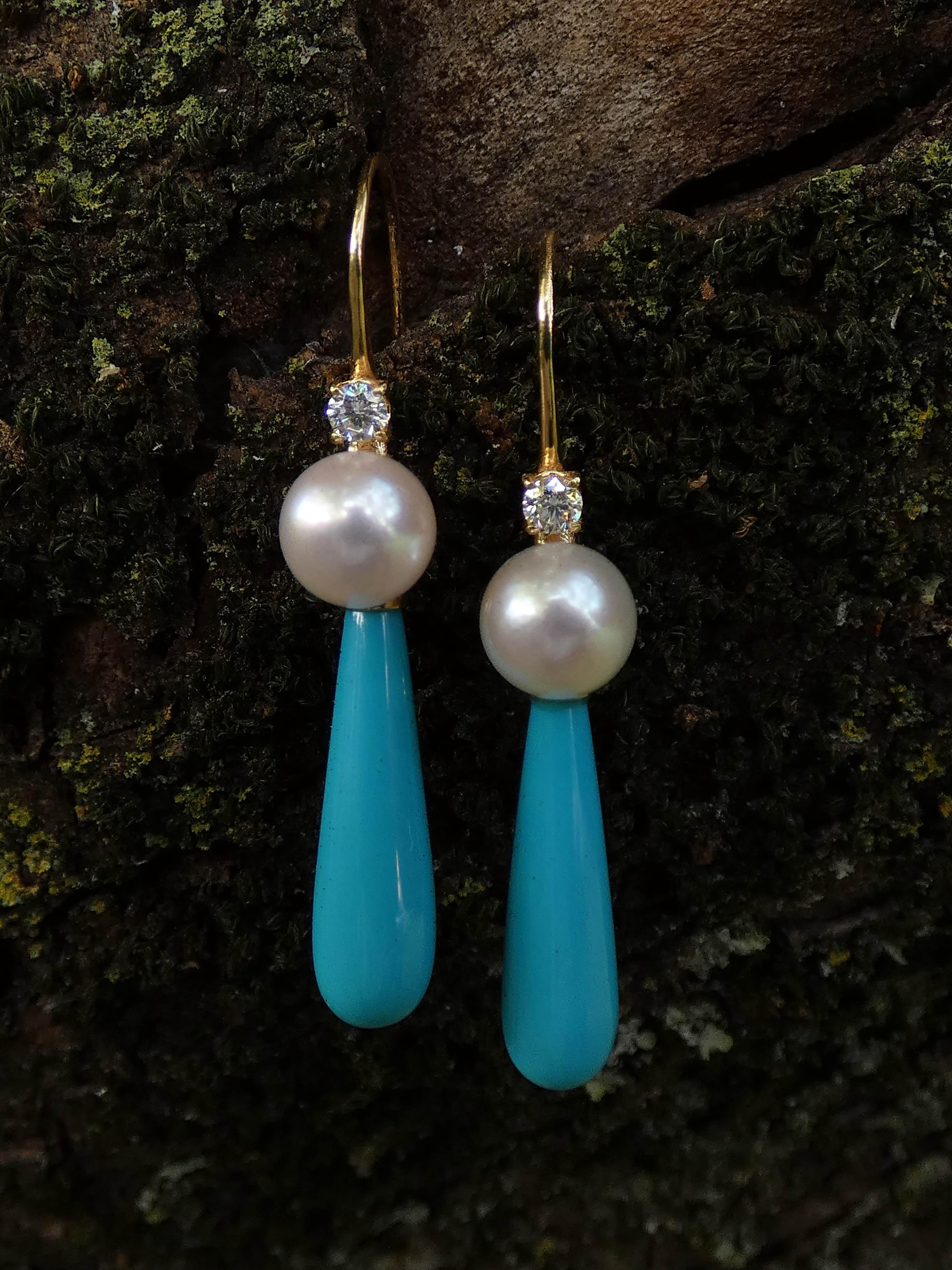 Brilliant Cut Turquoise Drop Earrings / Natural Pearl / Diamonds  18k Italy Yellow Gold  For Sale