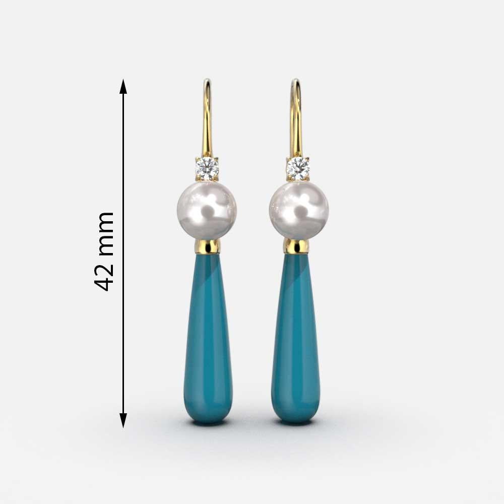 Turquoise Drop Earrings / Natural Pearl / Diamonds  18k Italy Yellow Gold  In New Condition For Sale In Camisano Vicentino, VI