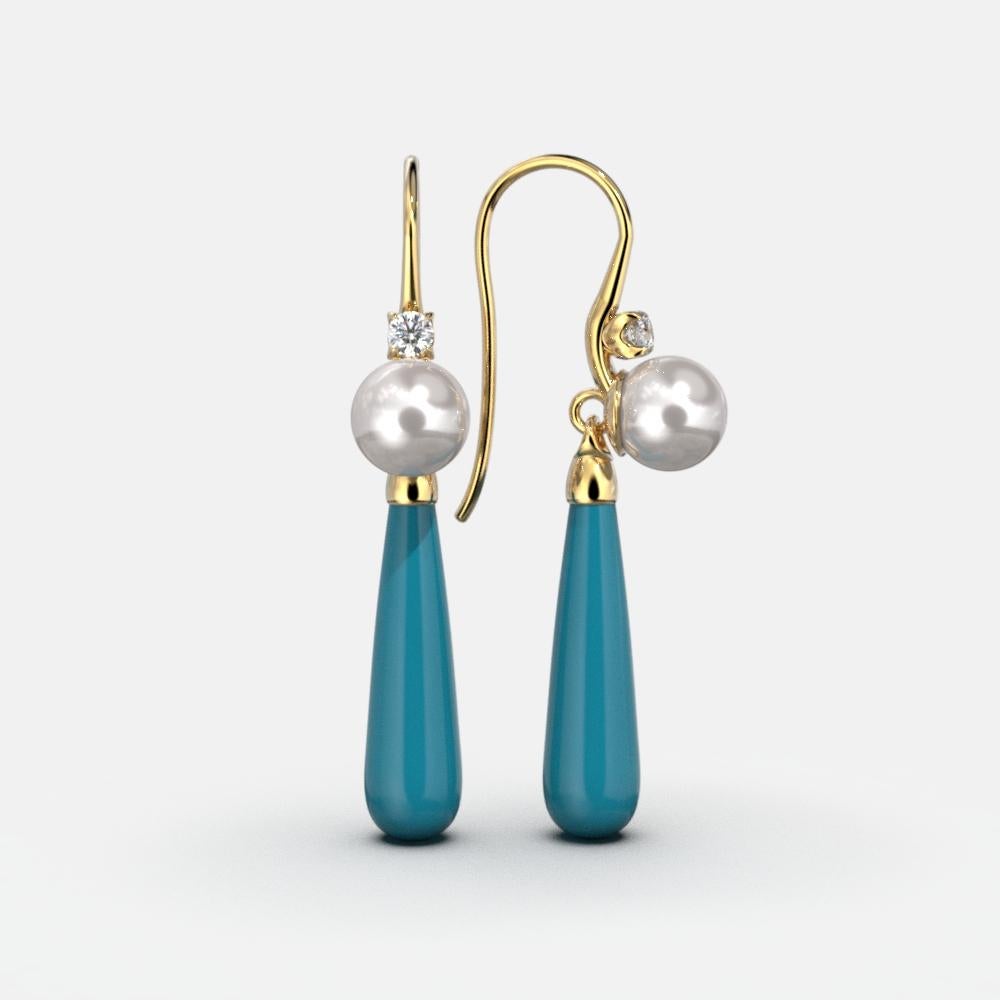 Women's Turquoise Drop Earrings / Natural Pearl / Diamonds  18k Italy Yellow Gold  For Sale
