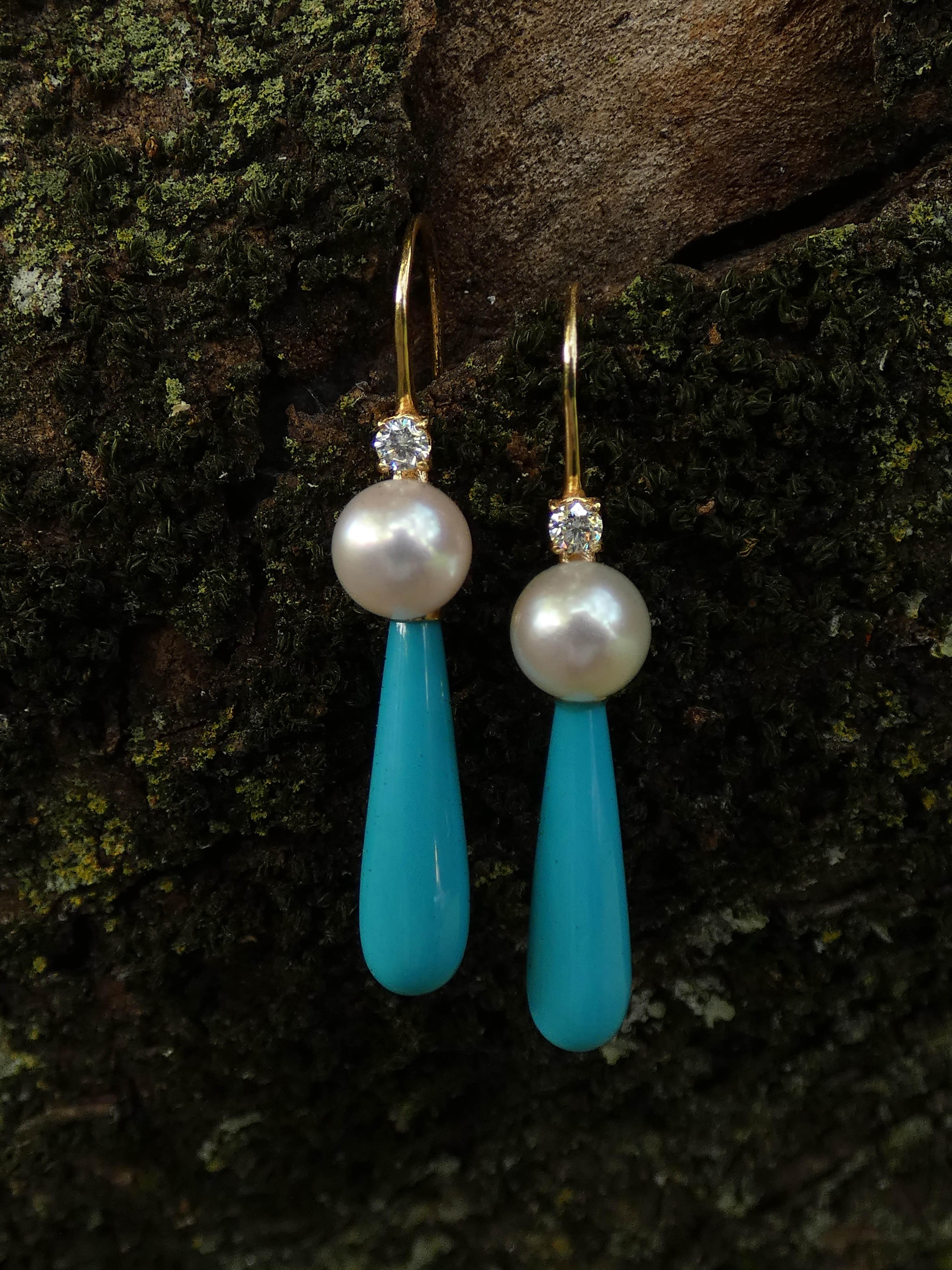 Turquoise Drop Earrings / Natural Pearl / Diamonds  18k Italy Yellow Gold  For Sale 1