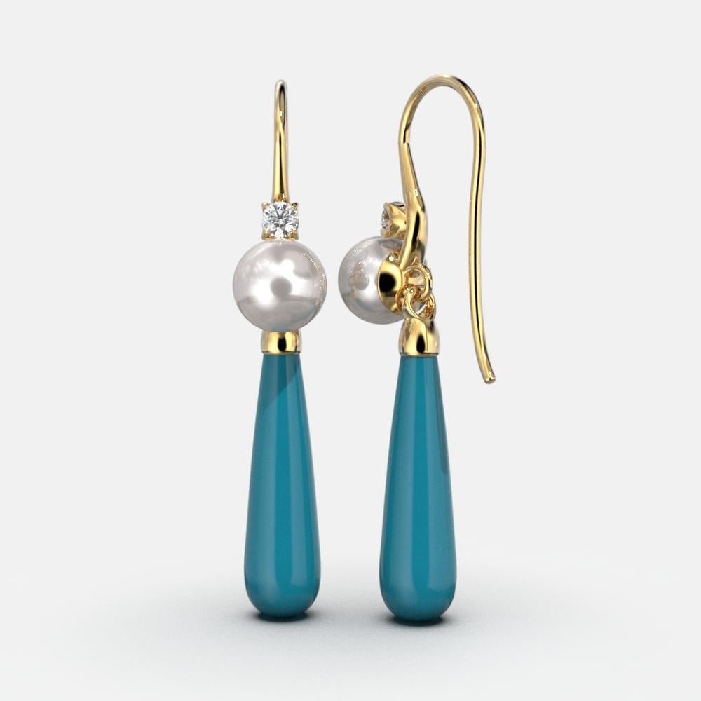 Turquoise Drop Earrings / Natural Pearl / Diamonds  18k Italy Yellow Gold  For Sale 2