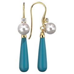 Turquoise Drop Earrings / Natural Pearl / Diamonds  18k Italy Yellow Gold 