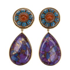 Turquoise Drops Antiques Chinese Button Carnelian 18 Karat Solid Gold