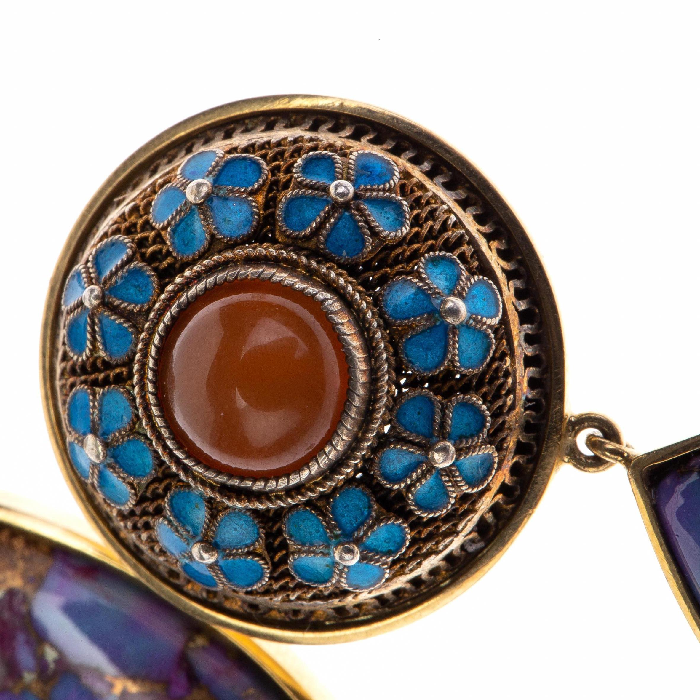 Anciennes gouttes en or massif 18 carats avec turquoise et cornaline de Chine en forme de bouton Neuf - En vente à Milan, IT