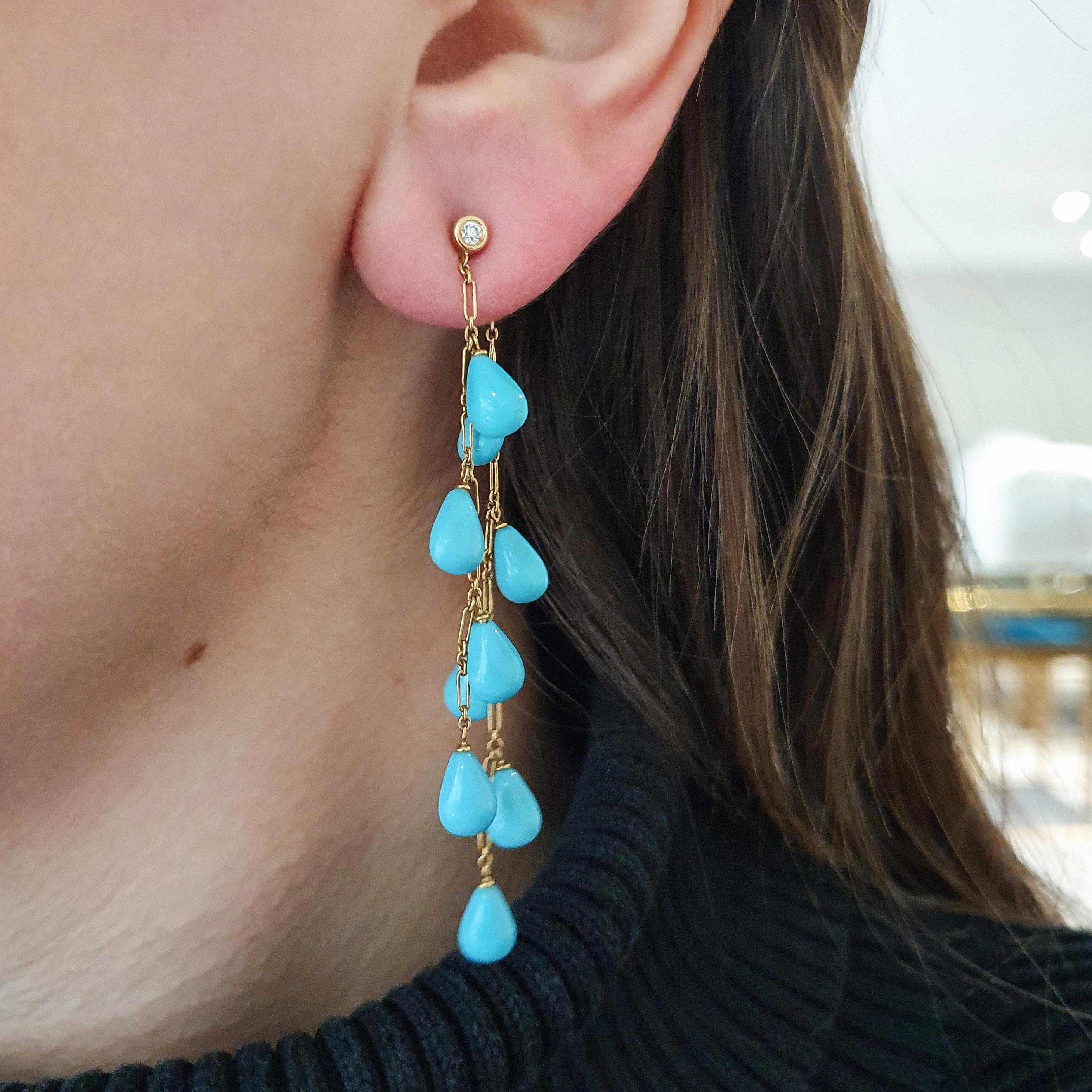 Contemporary Turquoise Drops Diamond on Yellow Gold 18 Karat Ear Pendants