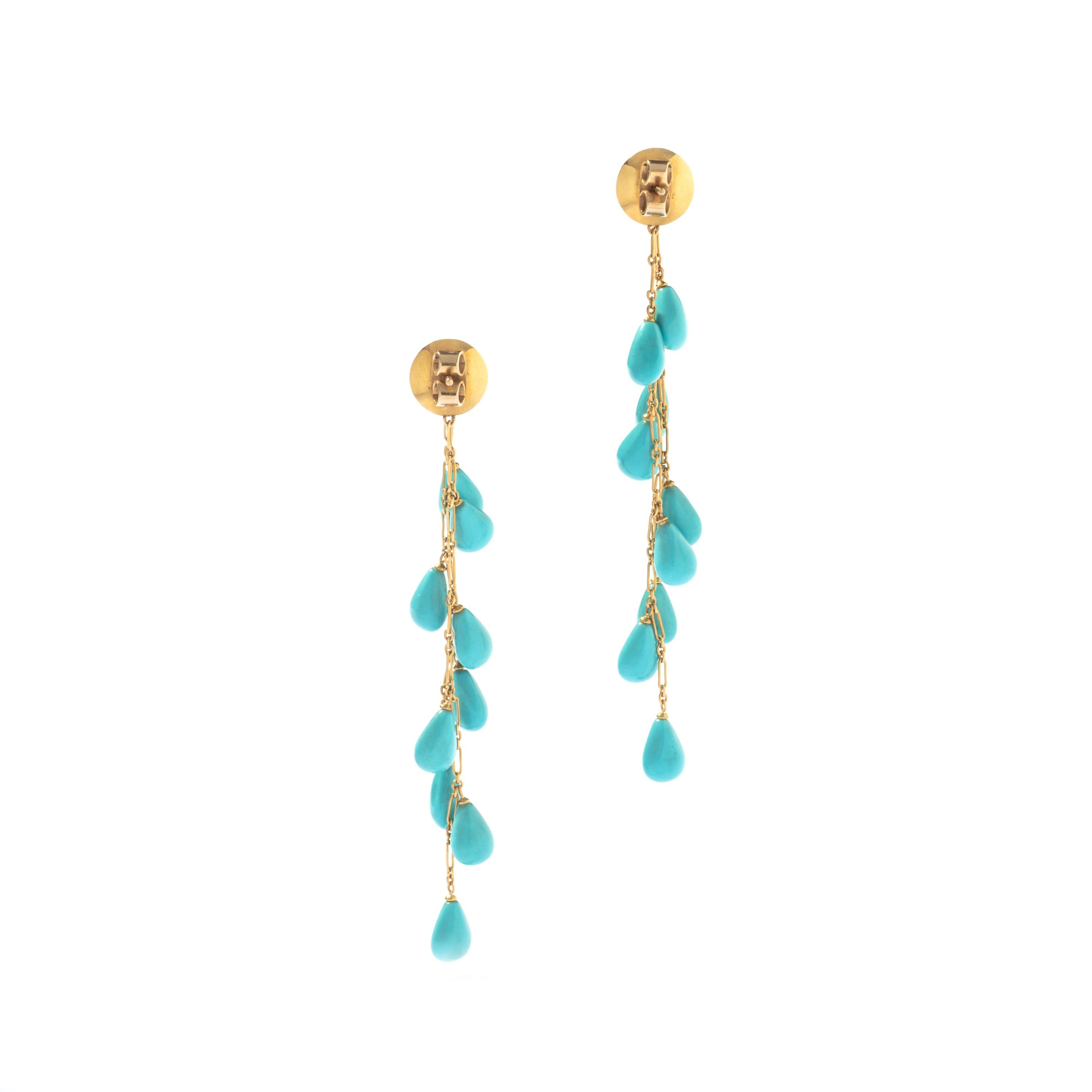 Turquoise Drops Diamond on Yellow Gold 18 Karat Ear Pendants In Excellent Condition In Geneva, CH