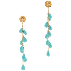 Turquoise Drops Diamond on Yellow Gold 18 Karat Ear Pendants