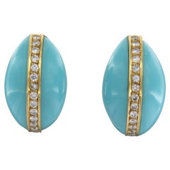 Turquoise earclips diamonds 18k yellow gold