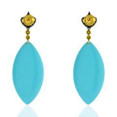 Turquoise Color Bakelite Earrings With Pave Diamond In Gold & Silver