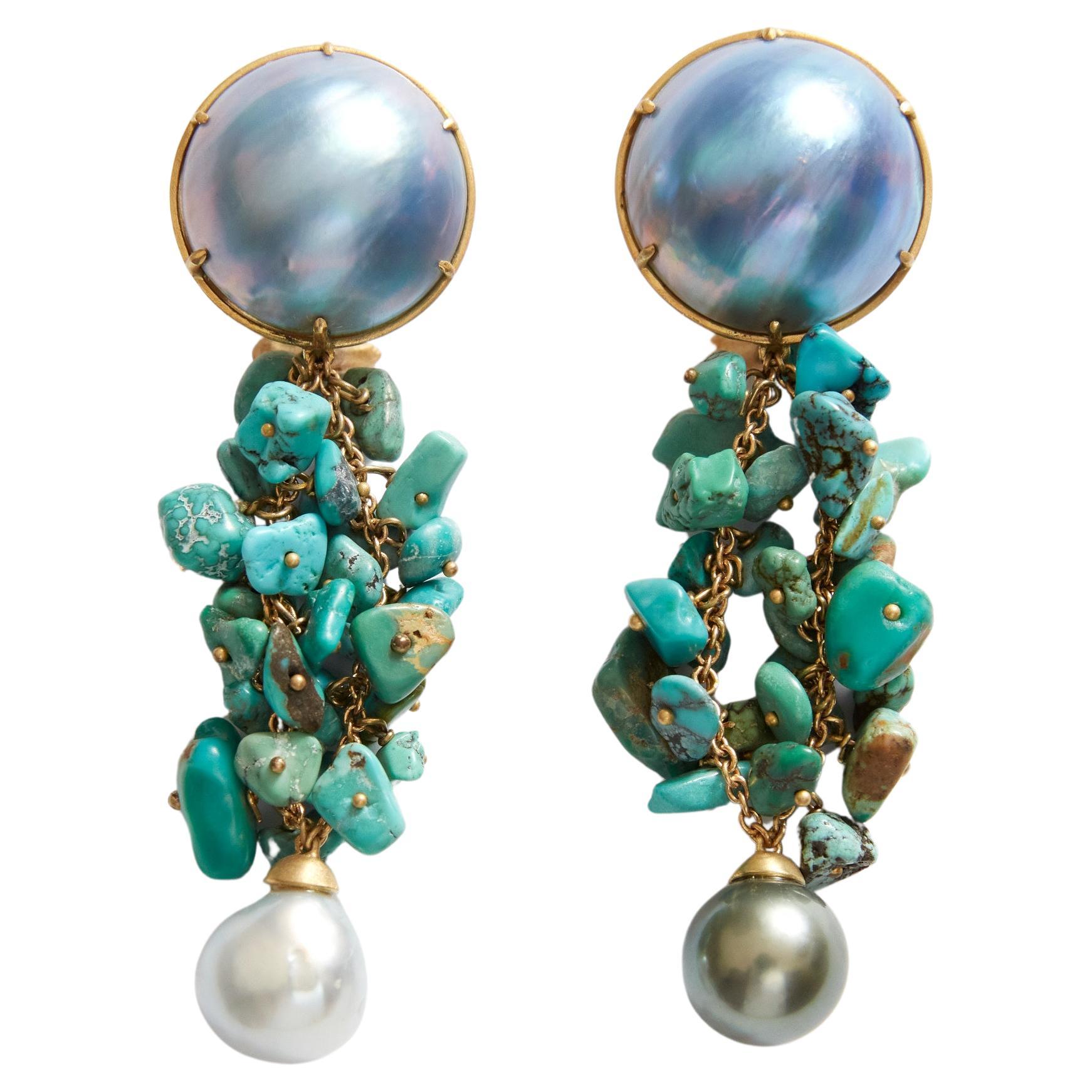 Turquoise Earrings Withn MAbe Natural Pearl For Sale