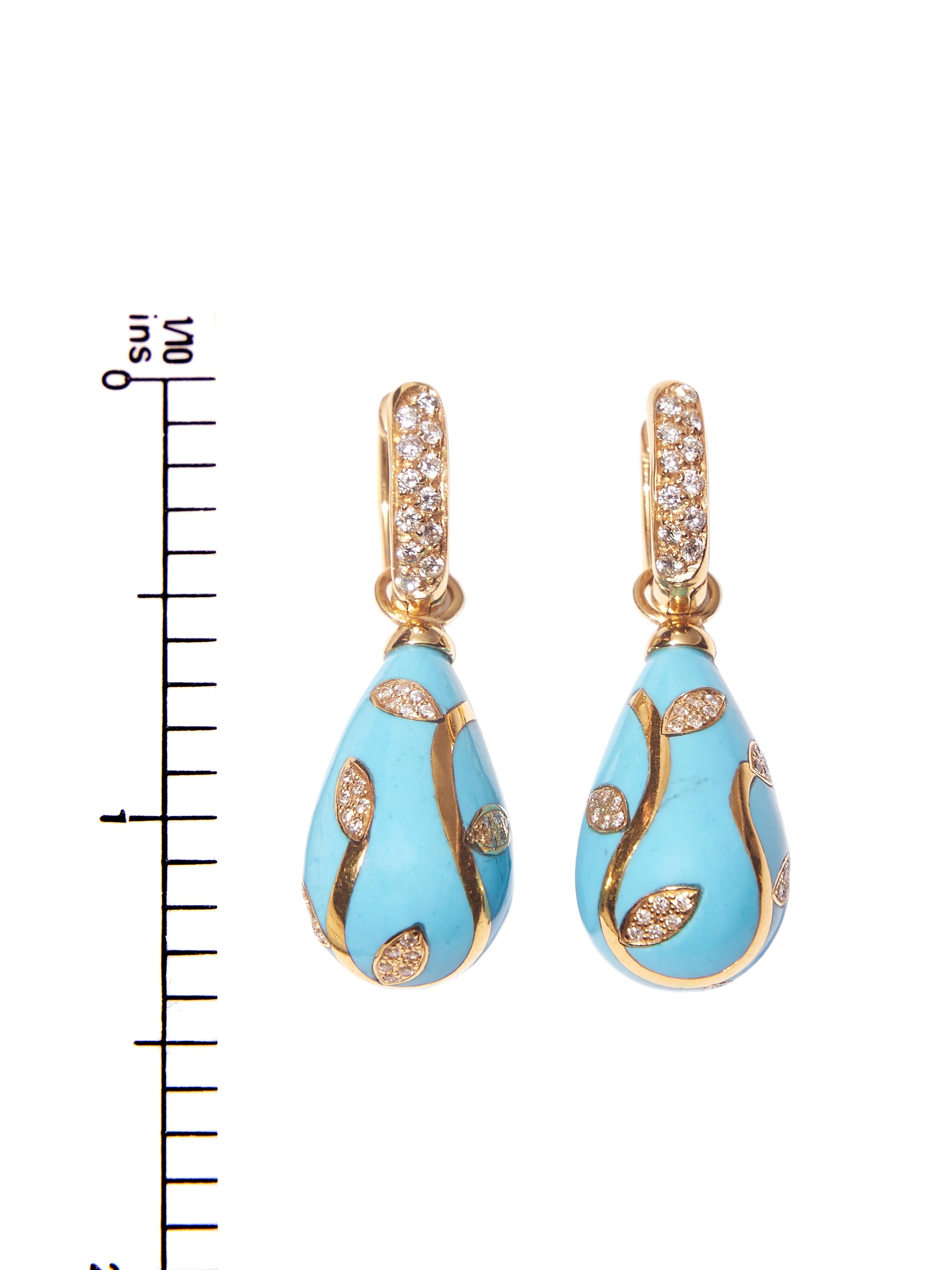 Round Cut Turquoise Earrrings with 18 karat Yellow Gold Inlay Set with Diamonds
