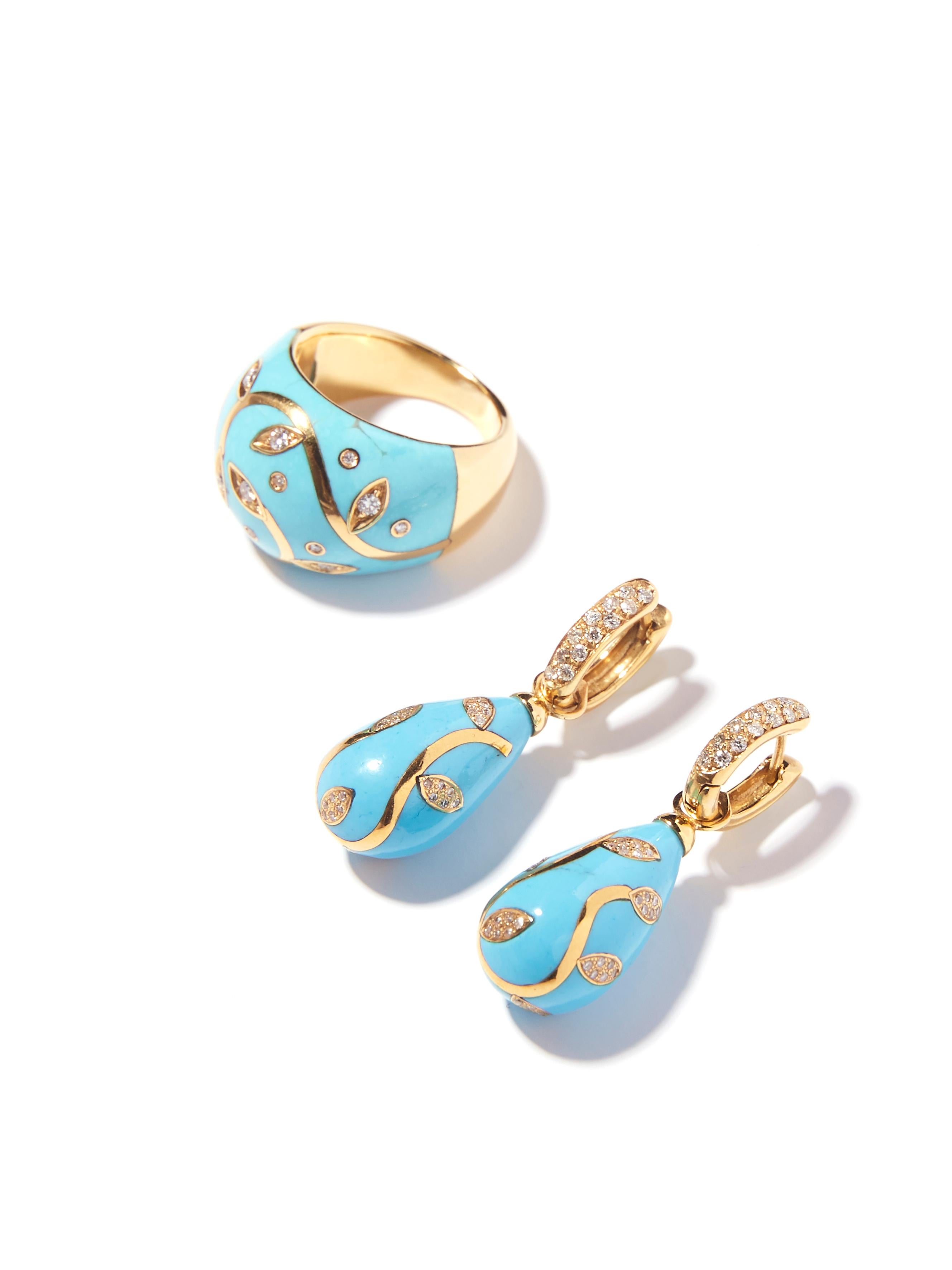 Turquoise Earrrings with 18 karat Yellow Gold Inlay Set with Diamonds In New Condition In Amsterdam, NL