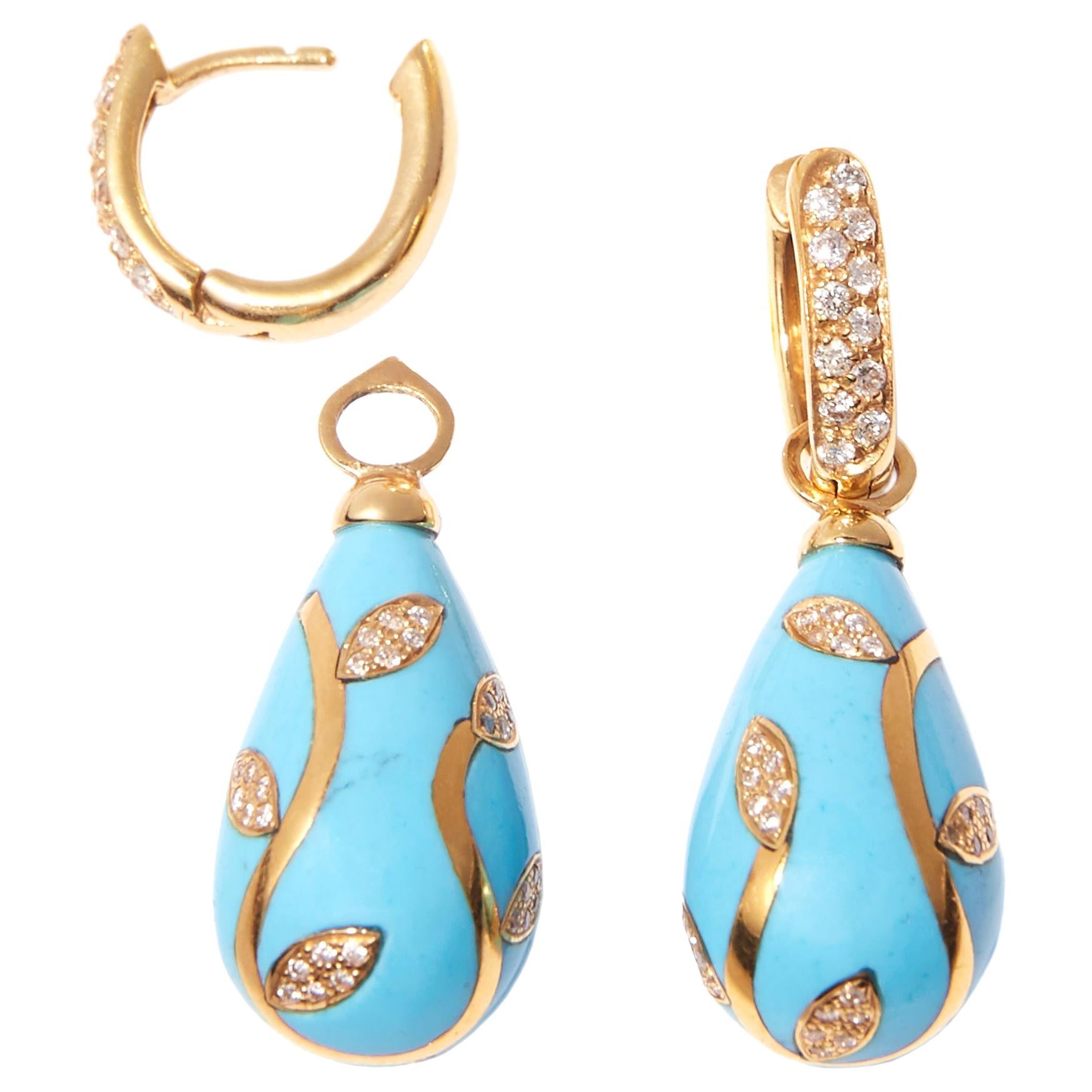Turquoise Earrrings with 18 karat Yellow Gold Inlay Set with Diamonds