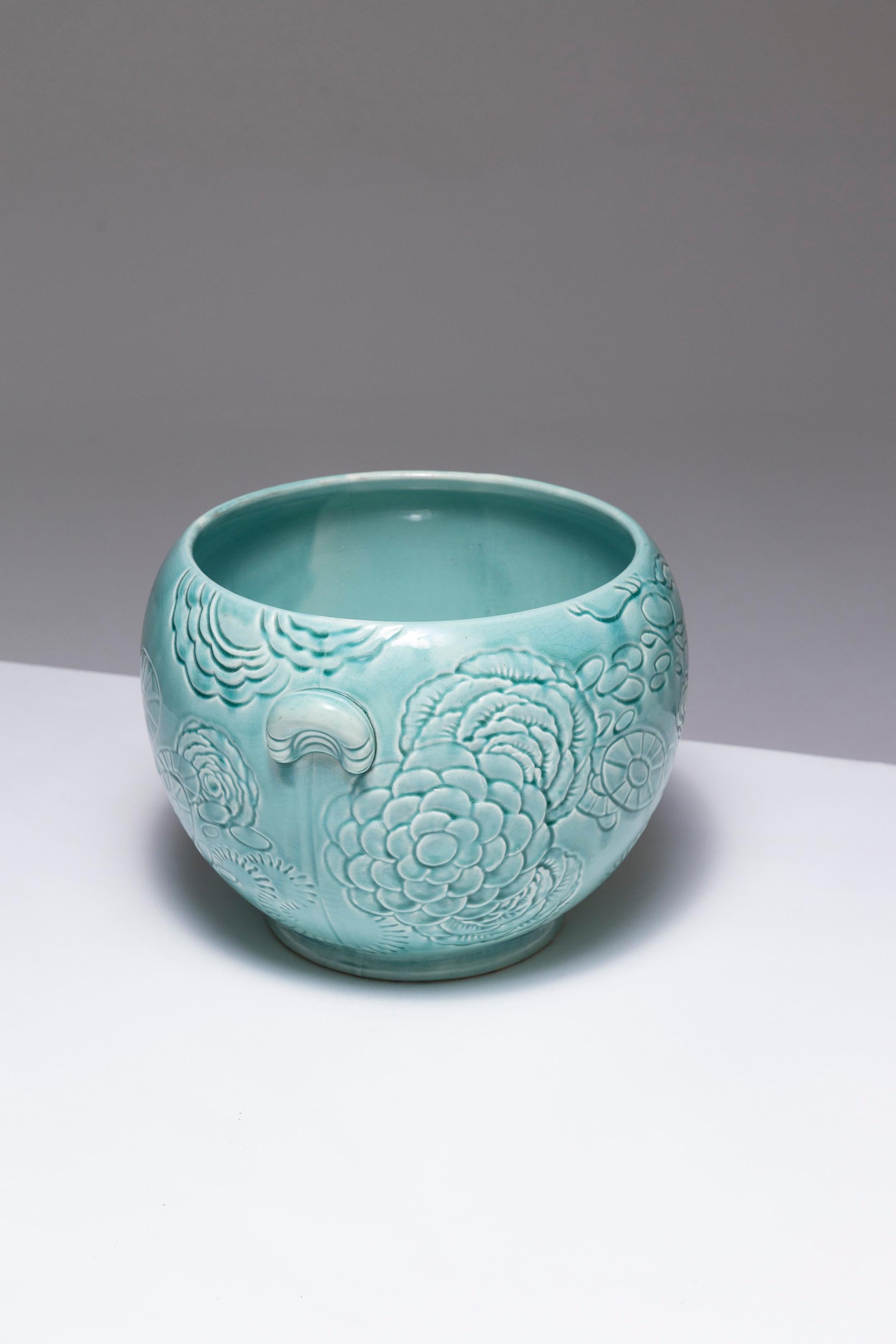 Mid-Century Modern Cache-pot en faïence turquoise, Orchies, années 1950