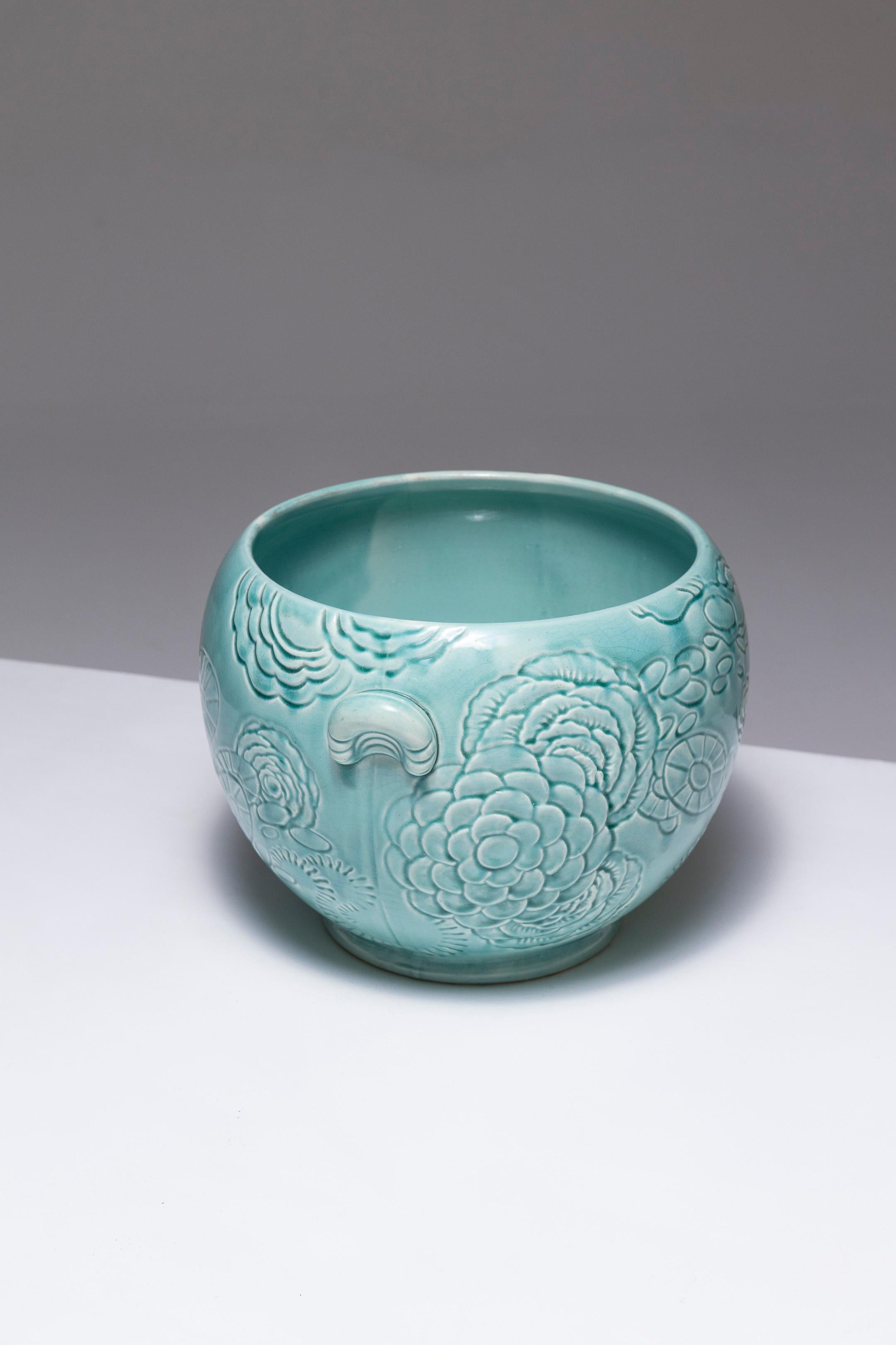 Cache-pot en faïence turquoise, Orchies, années 1950 Bon état à PARIS, FR