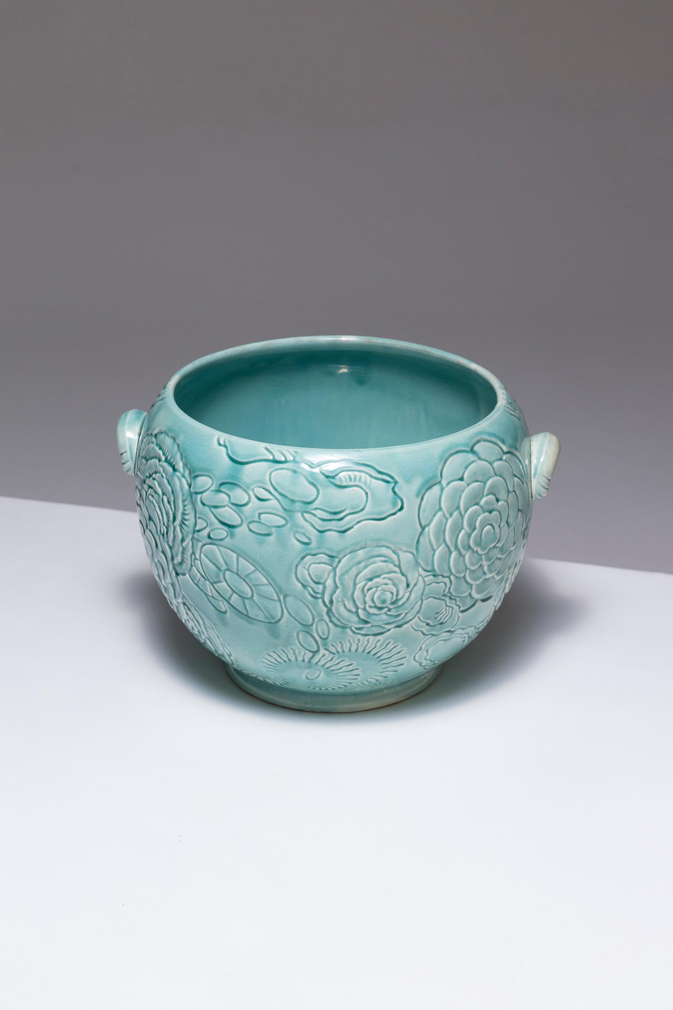 20ième siècle Cache-pot en faïence turquoise, Orchies, années 1950
