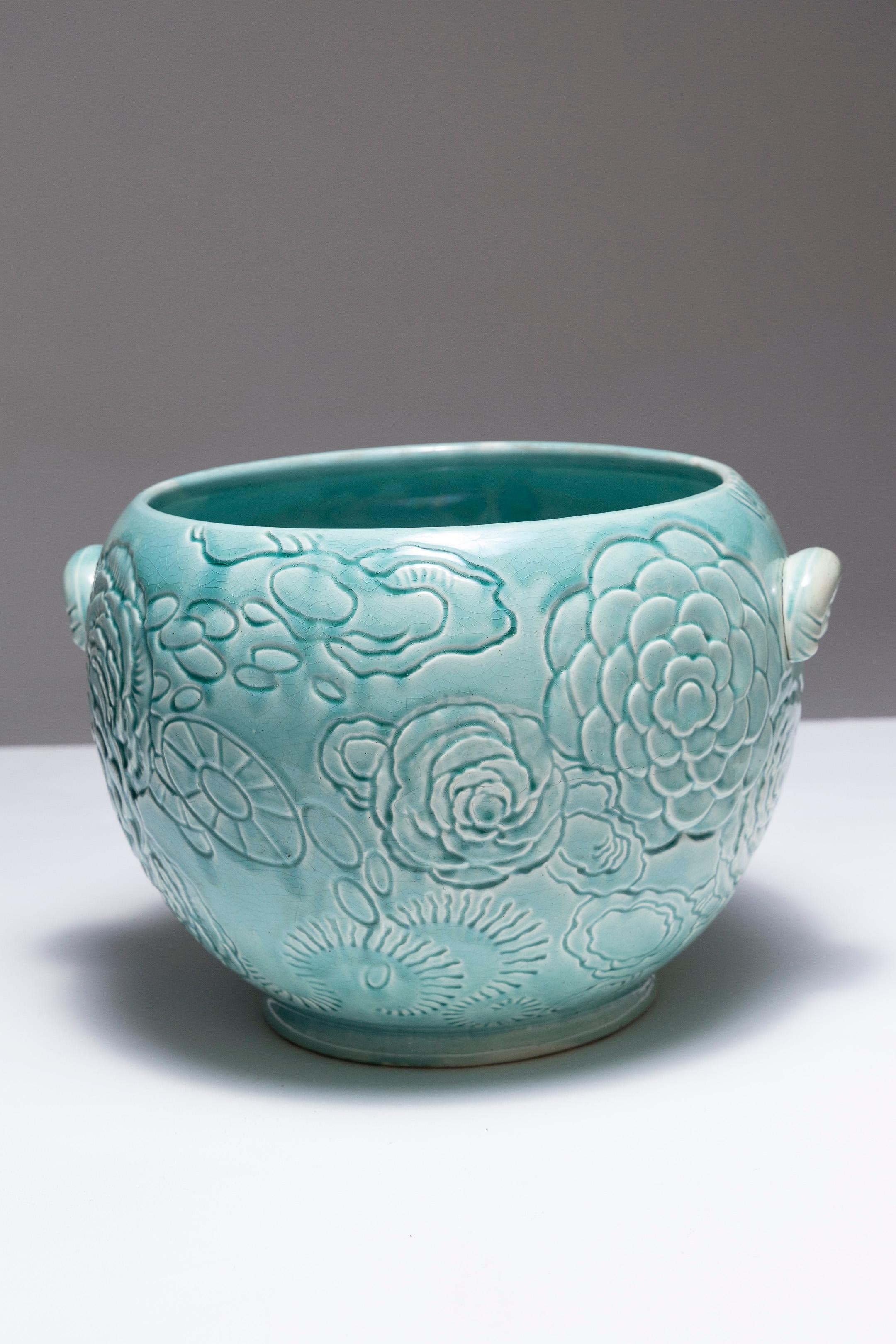 Poterie Cache-pot en faïence turquoise, Orchies, années 1950