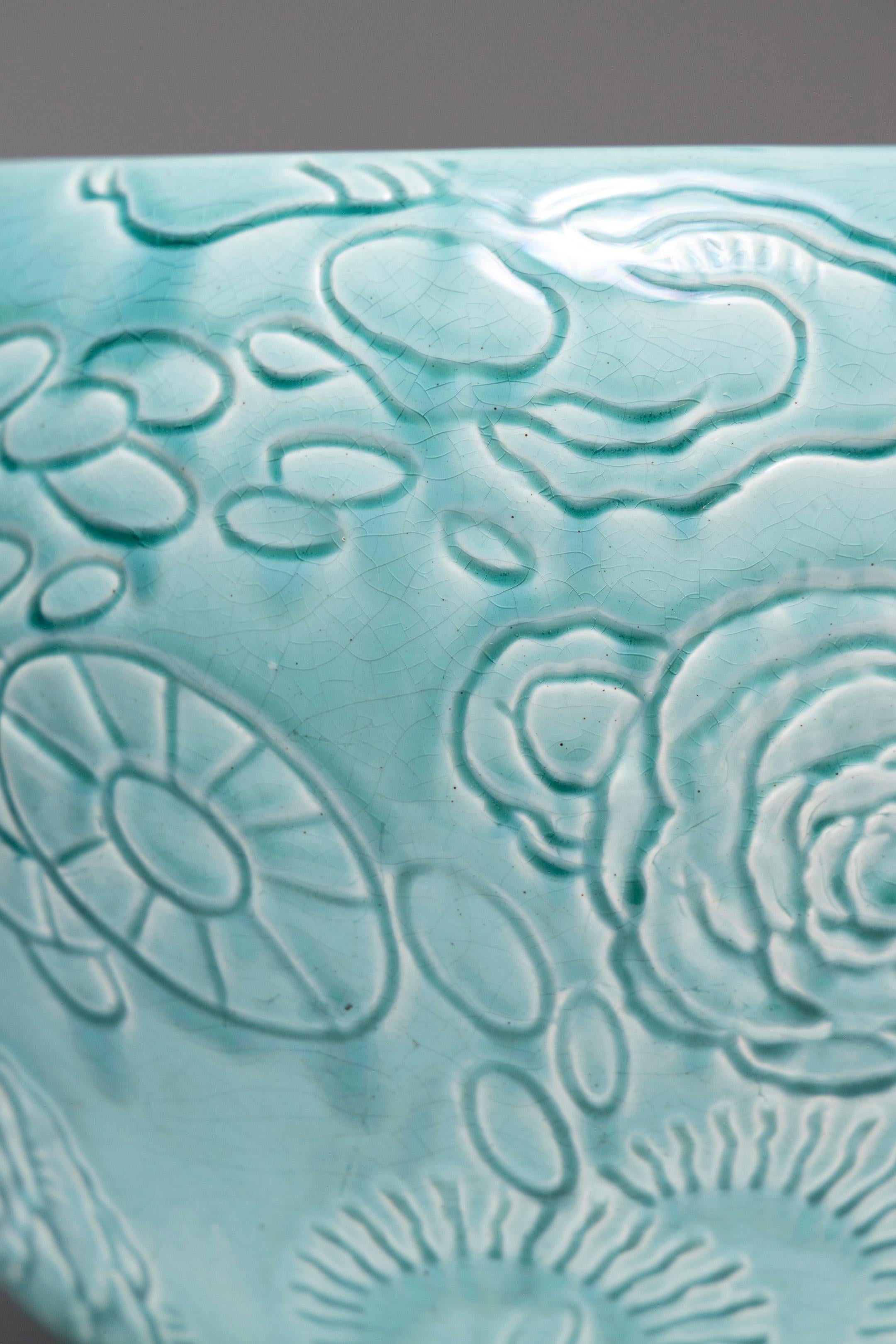 Cache-pot en faïence turquoise, Orchies, années 1950 1