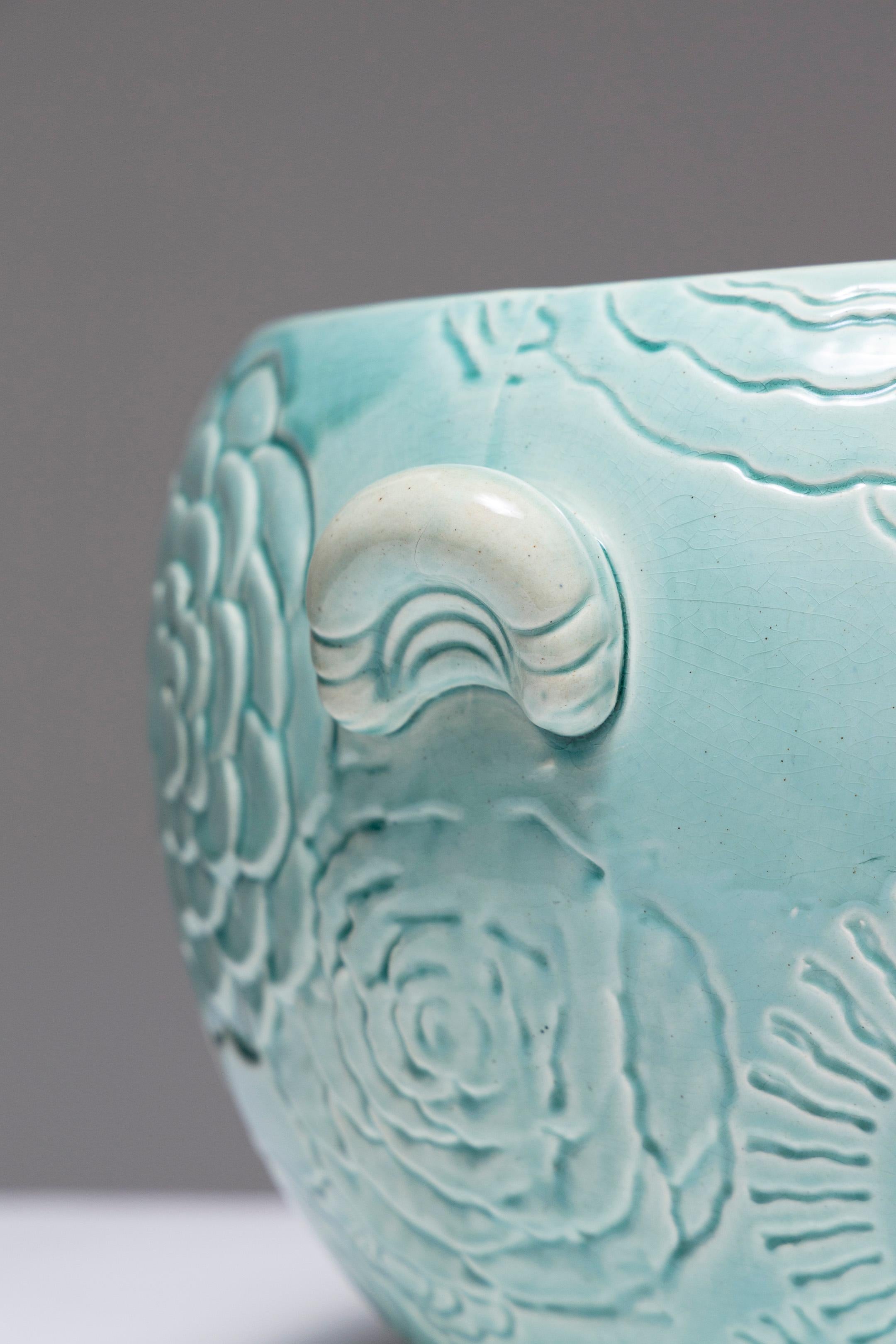 Cache-pot en faïence turquoise, Orchies, années 1950 2