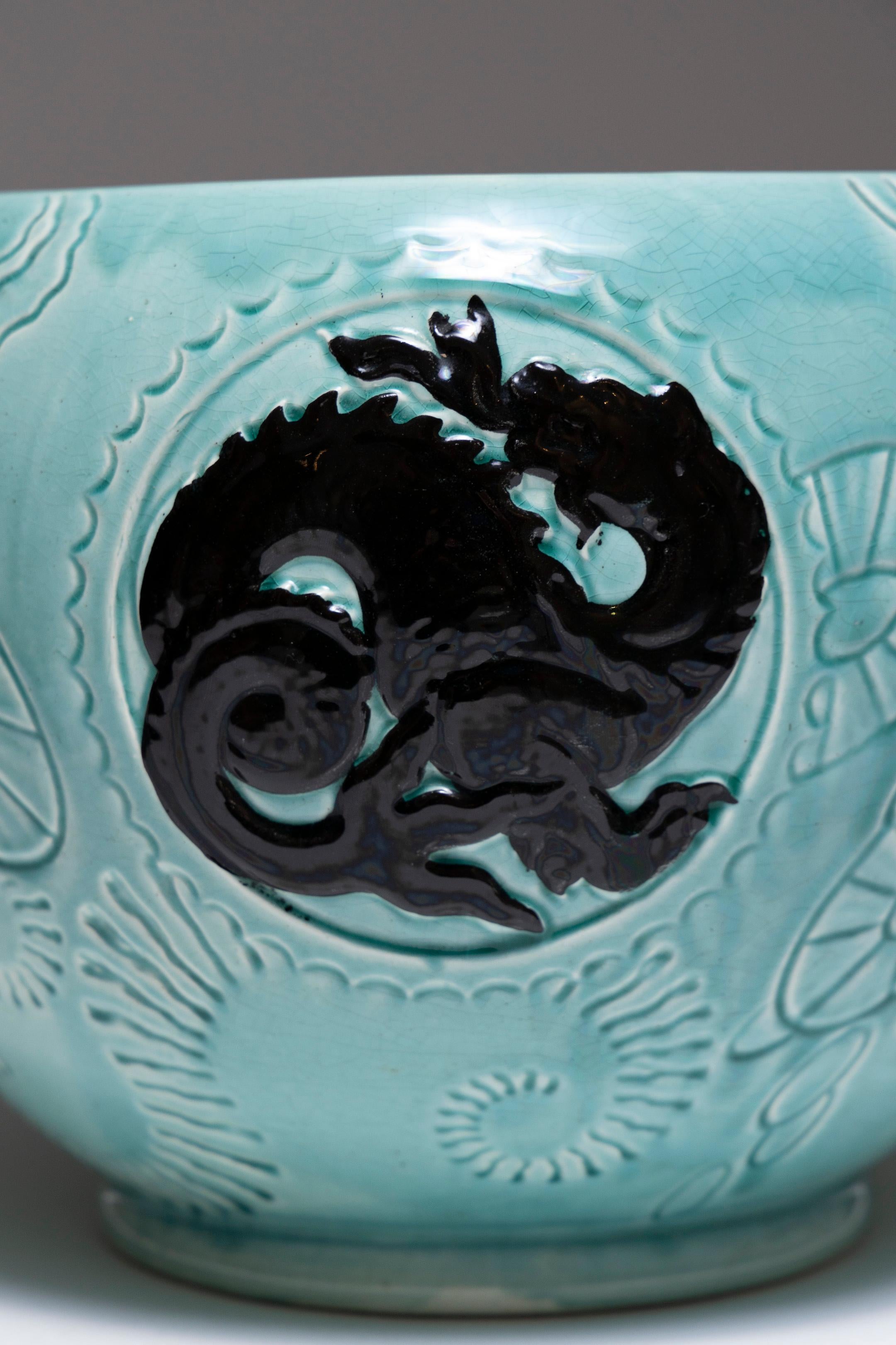 Cache-pot en faïence turquoise, Orchies, années 1950 3