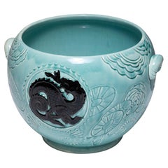 Turquoise Earthenware Cachepot, Orchies, 1950s