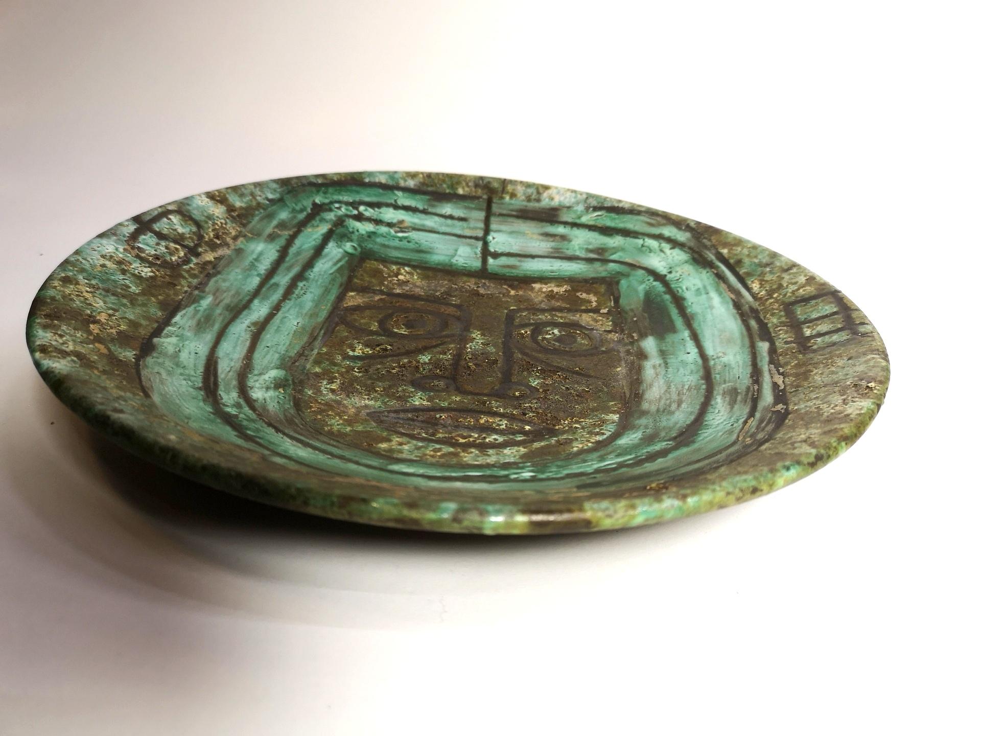 Hand-Crafted Turquoise Earthenware Hand-Made Wall Plate, Signed, 1970’s, '5704' For Sale