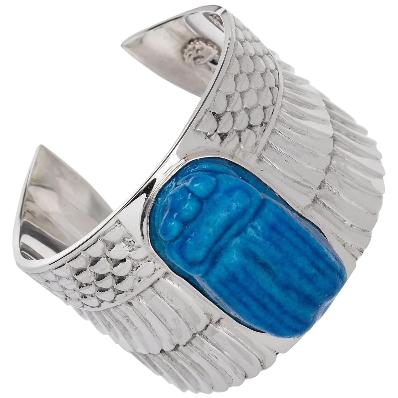 Turquoise Egyptian Scarab Faience Cuff in Sterling Silver Bracelet For Sale