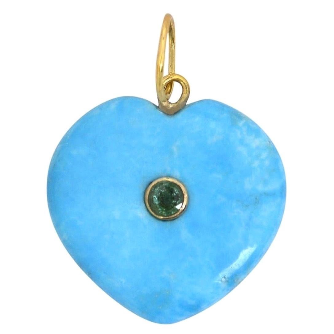 Turquoise Emerald 14 Karat Gold Heart Charm Pendant Necklace For Sale