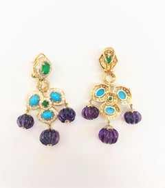 Turquoise Emerald Amethyst Melons and Diamond 18kt Yellow Gold Dangle Earrings