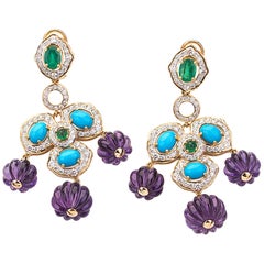Turquoise Emerald Amethyst Melons and Diamond 18kt Yellow Gold Dangle Earrings