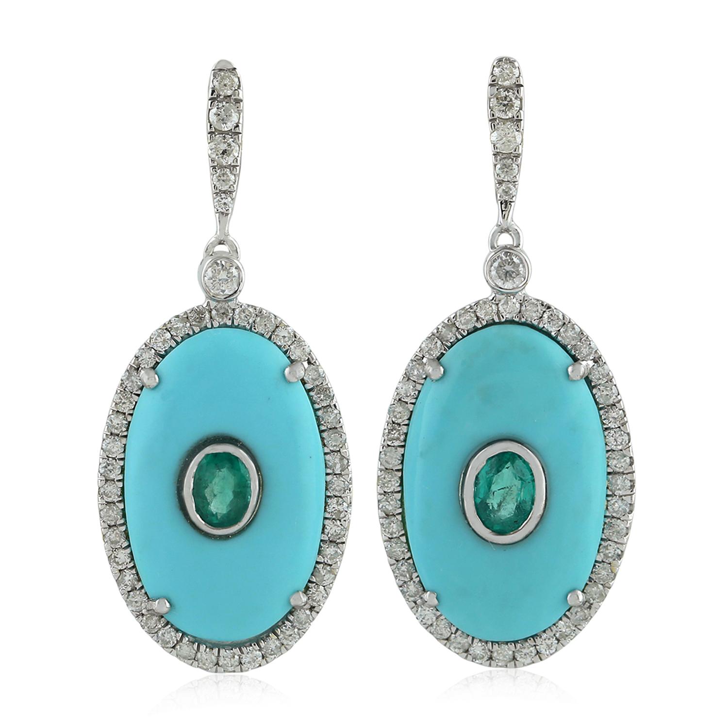 Modern Turquoise Emerald Diamond 18 Karat Gold Earrings For Sale