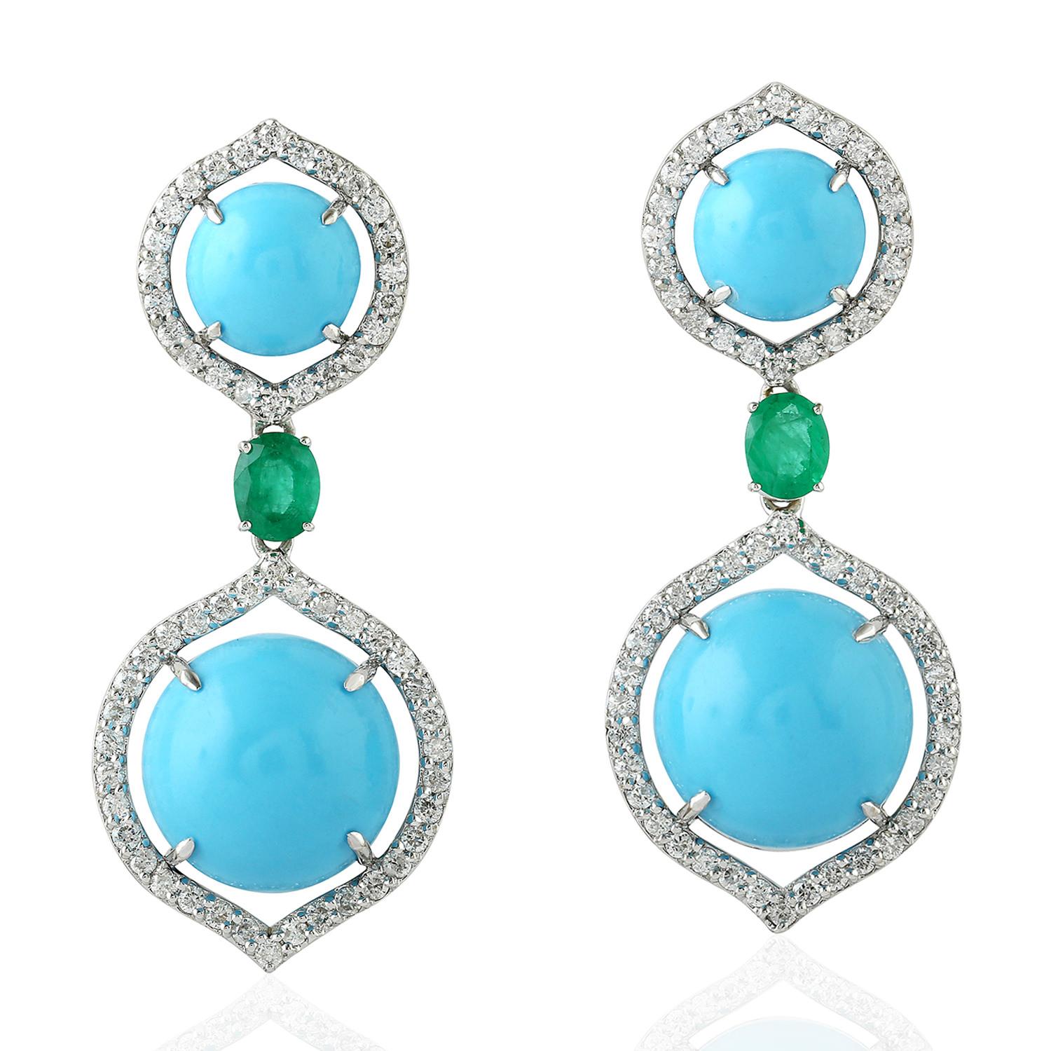 Modern Turquoise Emerald Diamond 18 Karat Gold Earrings For Sale