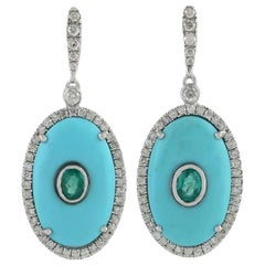 Turquoise Emerald Diamond 14 Karat Gold Earrings