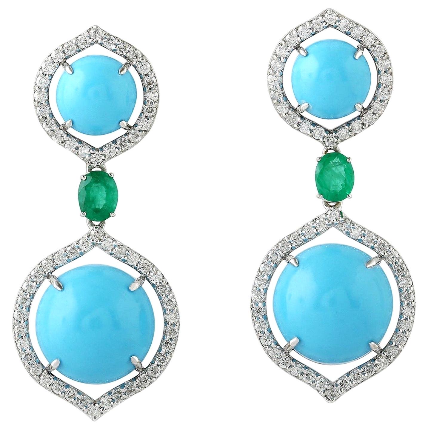 Turquoise Emerald Diamond 18 Karat Gold Earrings
