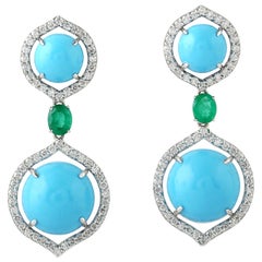 Boucles d'oreilles en or 18 carats avec turquoises, émeraudes et diamants