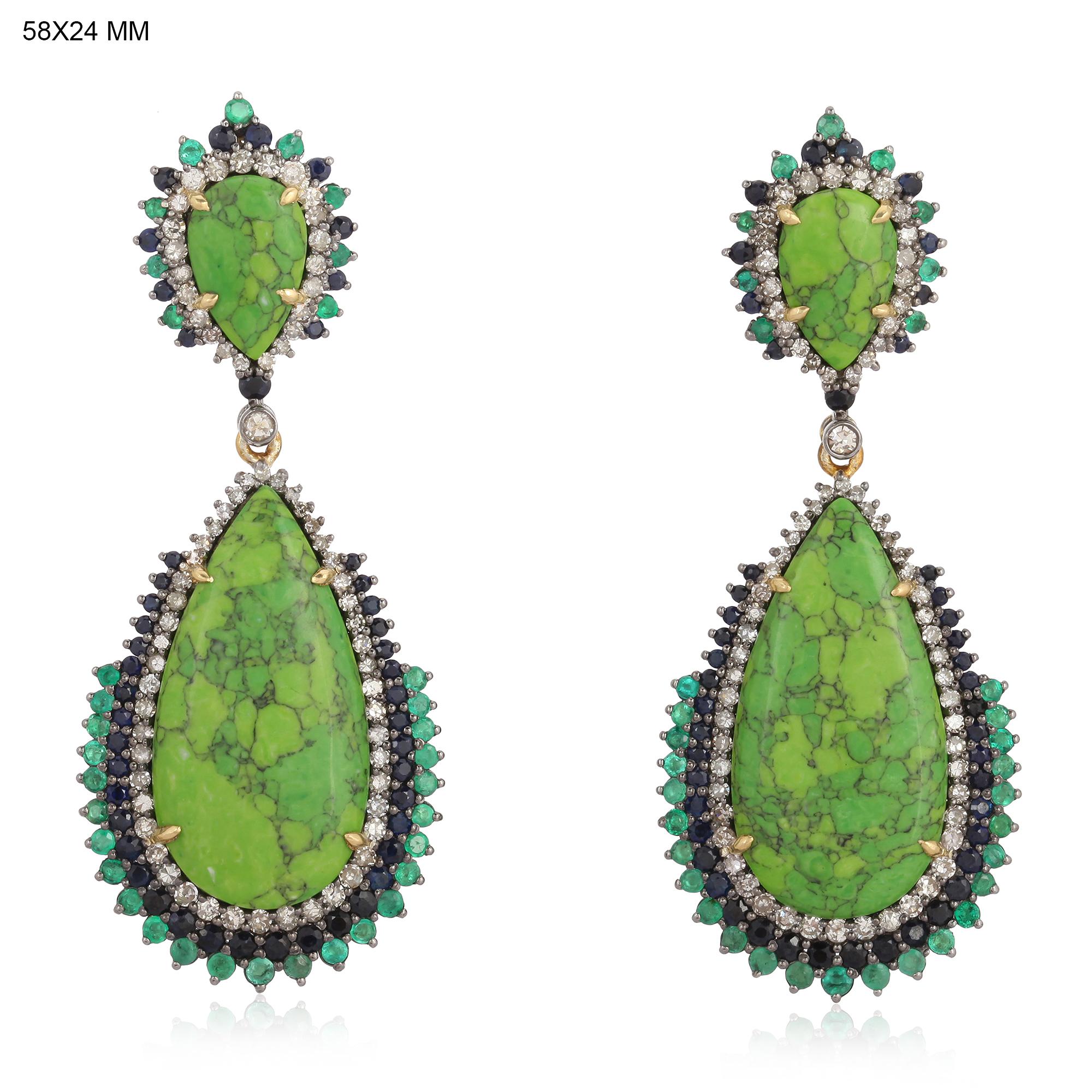 Artisan Turquoise Emerald Diamond Earrings For Sale