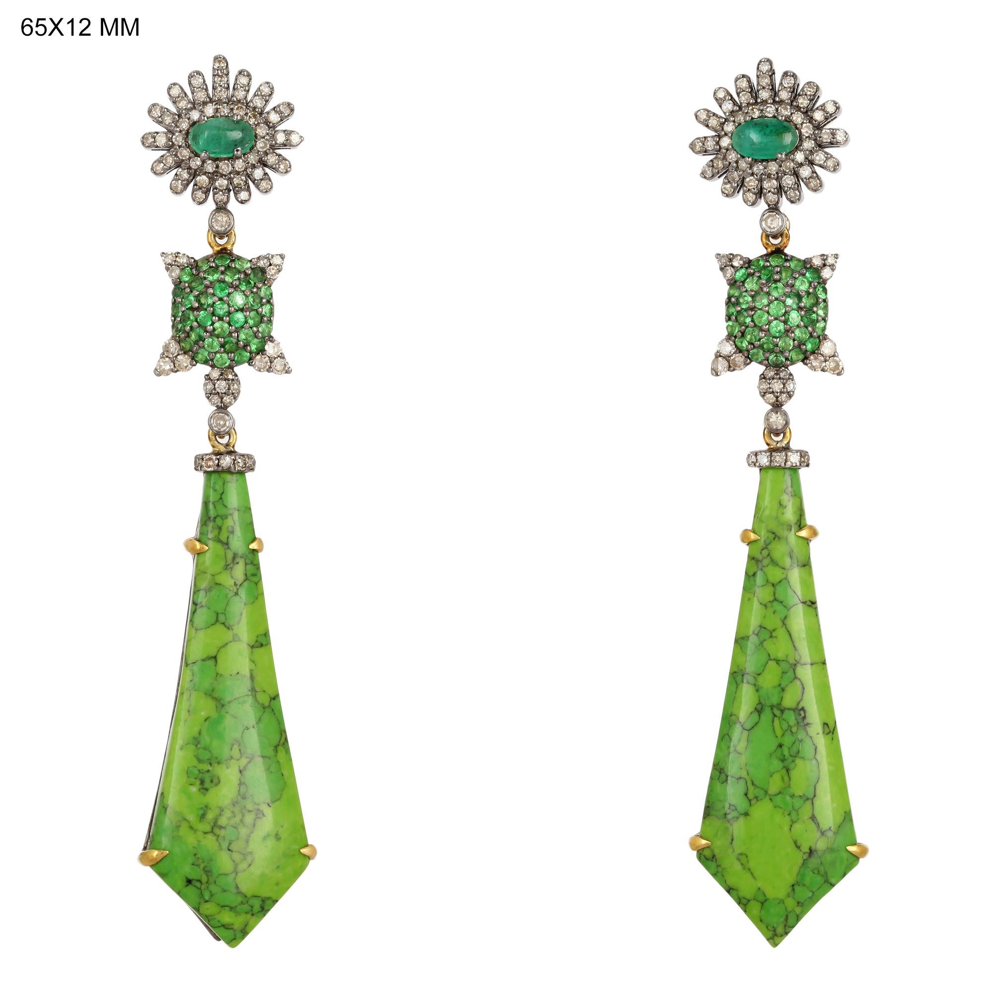 Artisan Turquoise Emerald Diamond Earrings For Sale