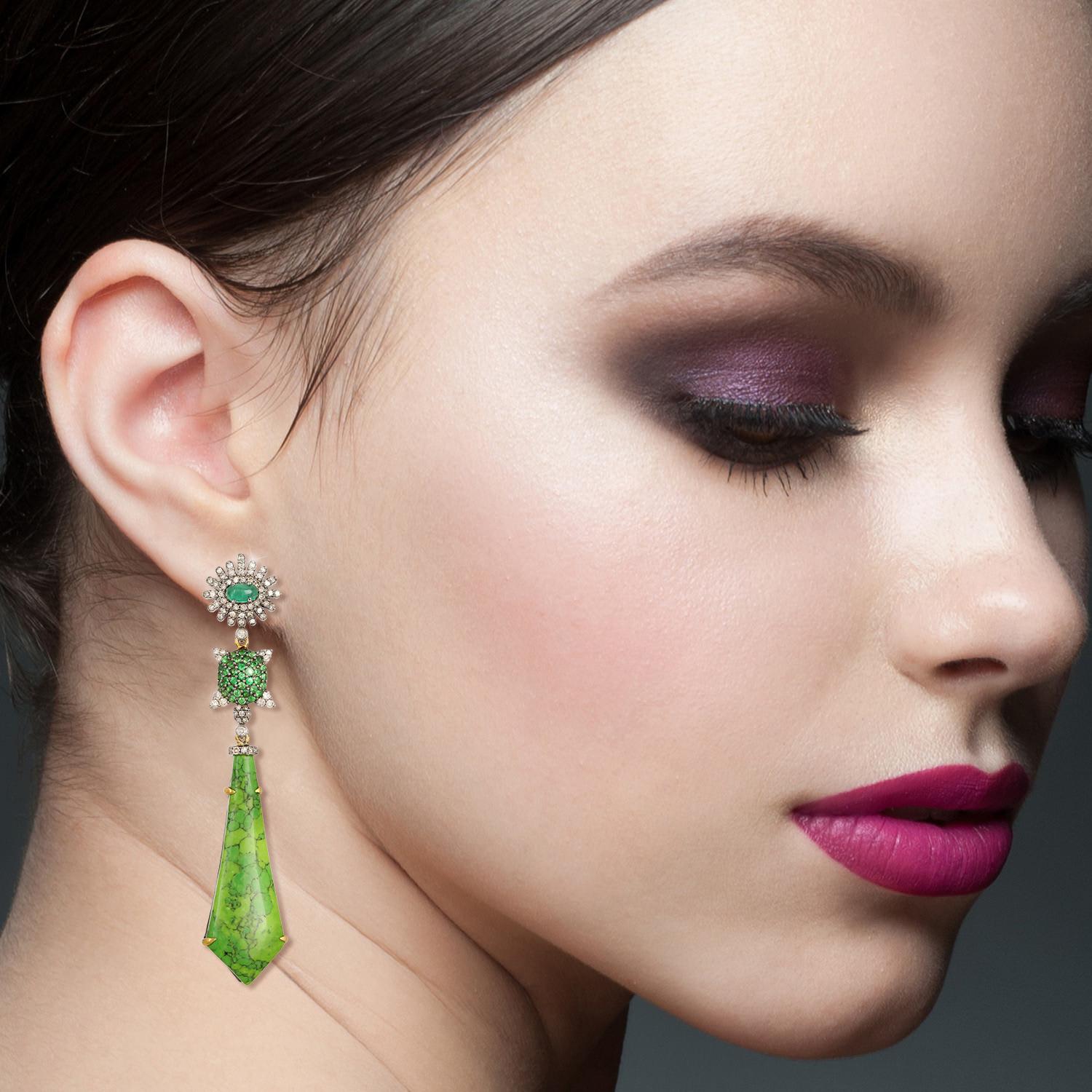 Mixed Cut Turquoise Emerald Diamond Earrings For Sale