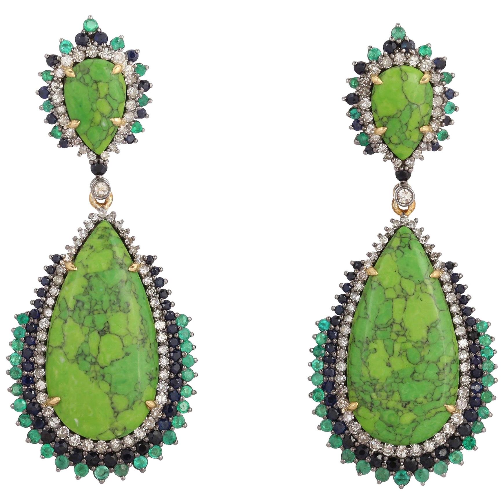 Turquoise Emerald Diamond Earrings For Sale