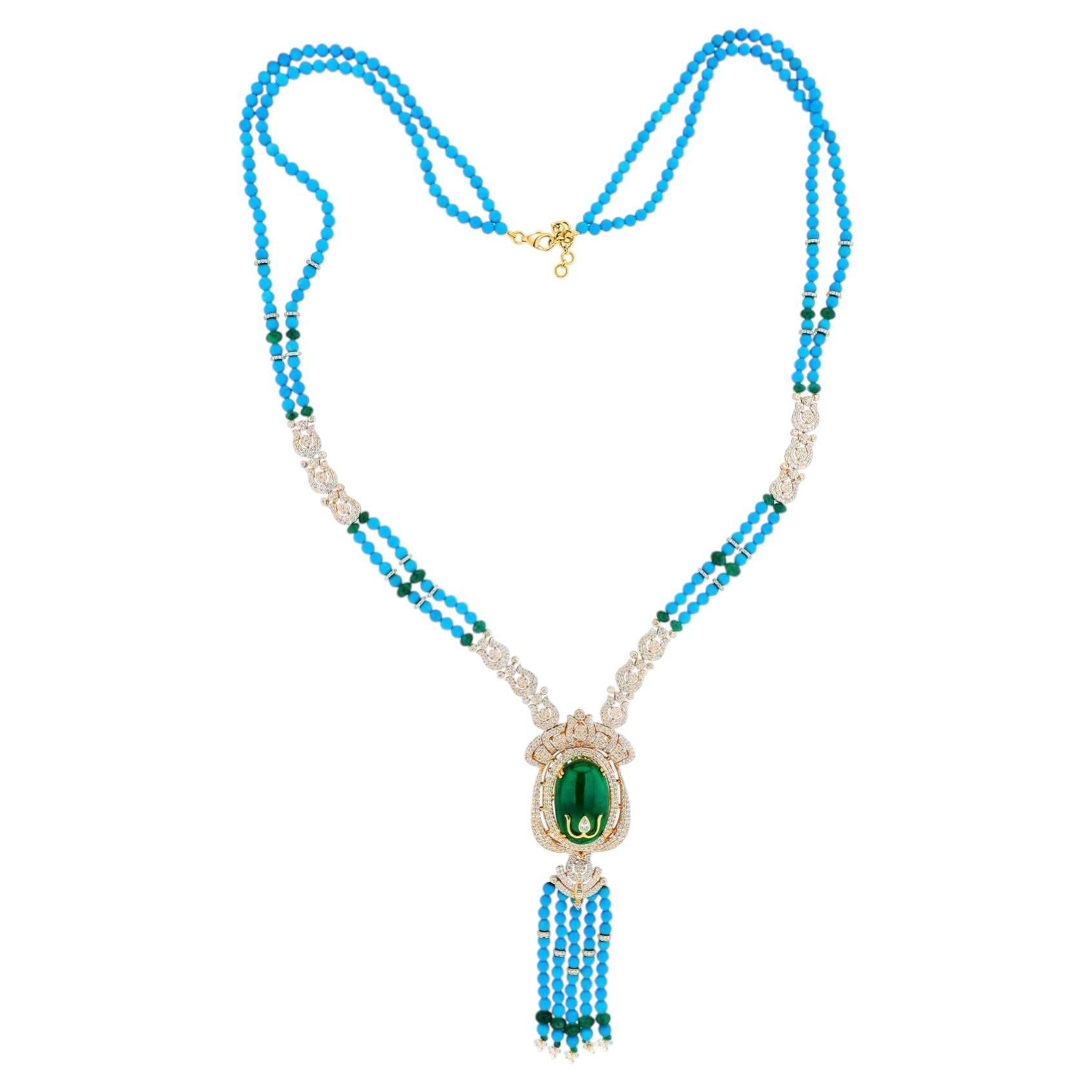 Turquoise Emerald Diamond Gemstone Beads Necklace 18 Karat Yellow Gold For Sale