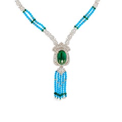 Turquoise Emerald Diamond Gemstone Beads Necklace 18 Karat Yellow Gold