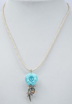 Turquoise, Emeralds, Diamonds, 14 Karat Rose Gold and Silver Pendant