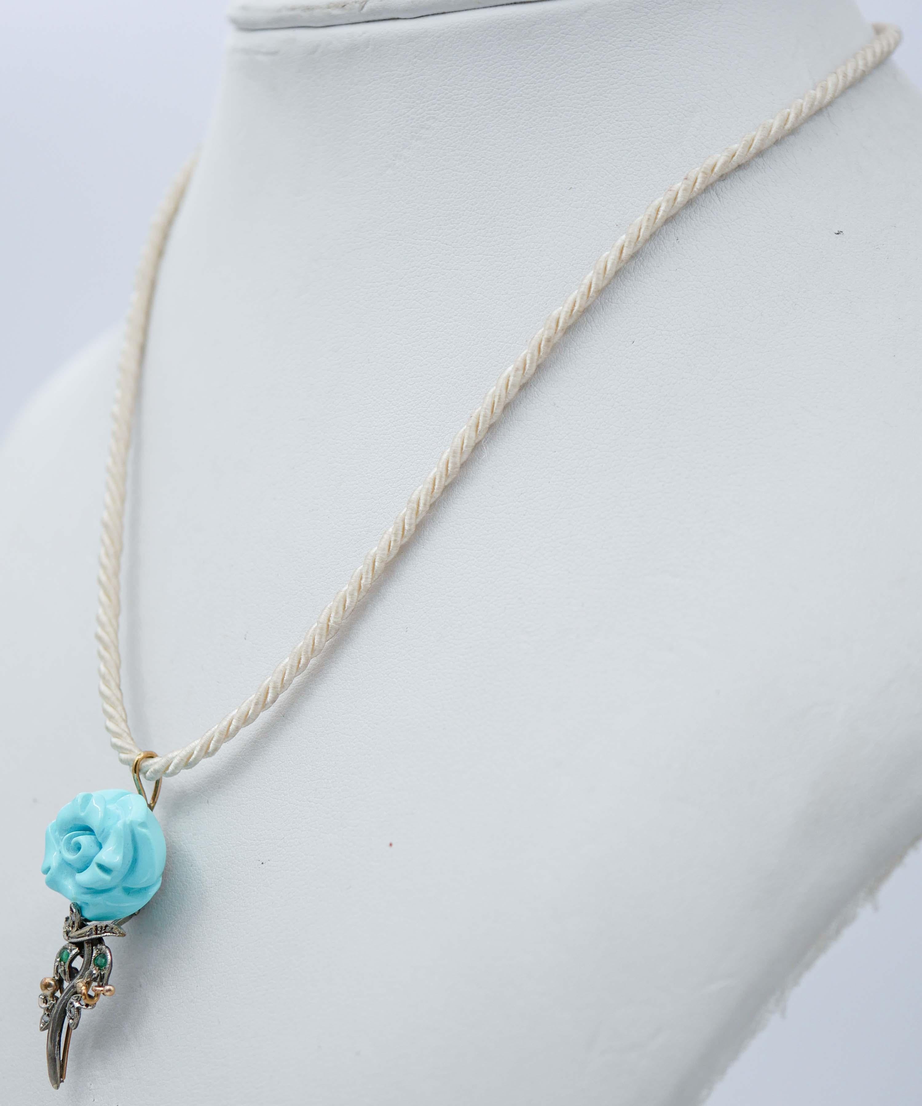 Retro Turquoise, Emeralds, Diamonds, 14 Karat Rose Gold and Silver Pendant For Sale