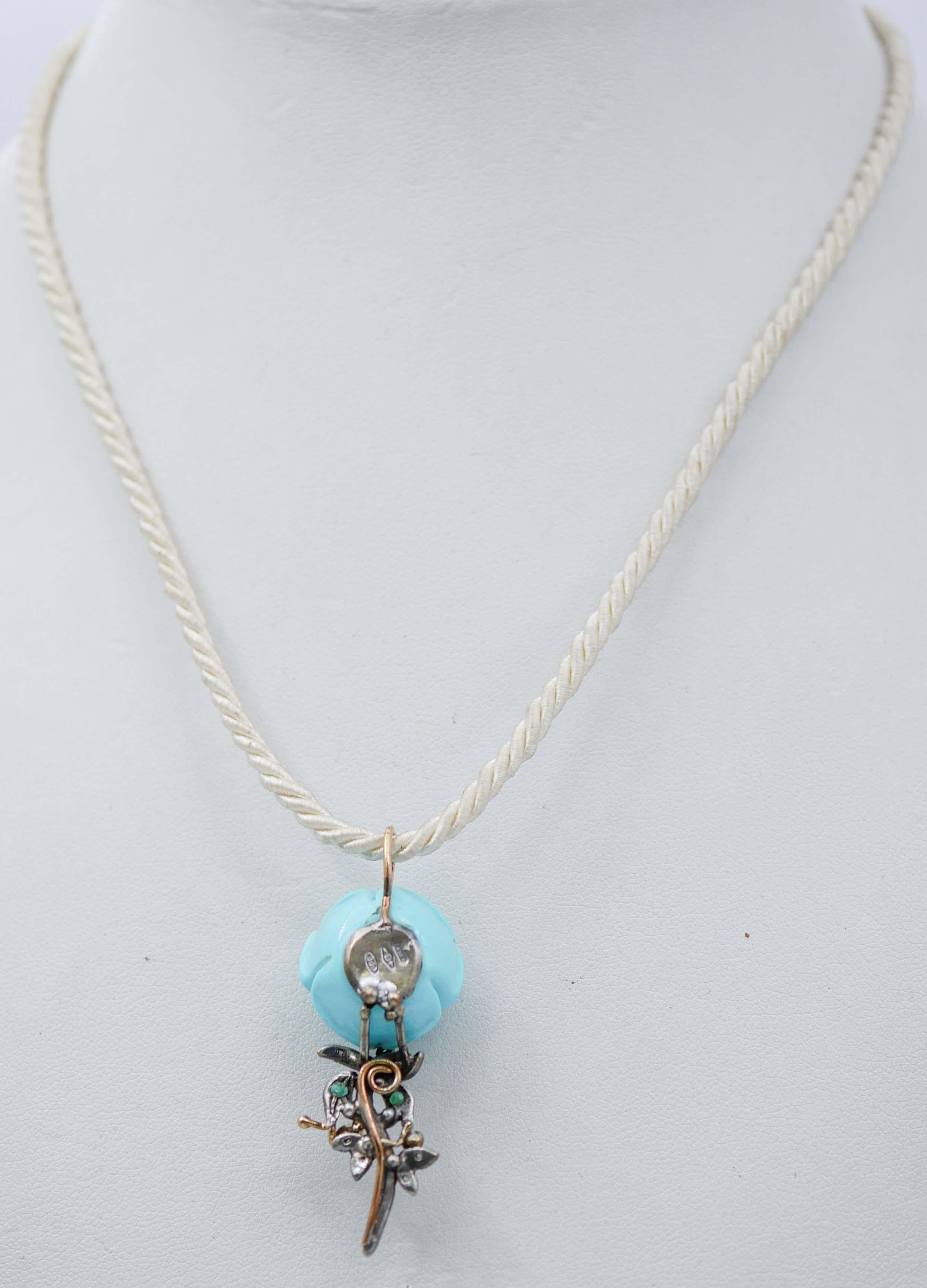Mixed Cut Turquoise, Emeralds, Diamonds, 14 Karat Rose Gold and Silver Pendant For Sale