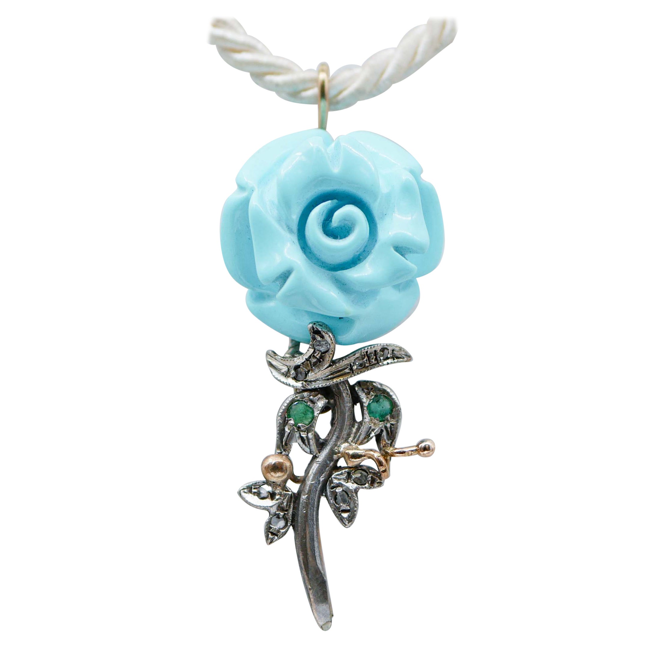 Pendentif en or rose 14 carats avec turquoises, émeraudes et diamants